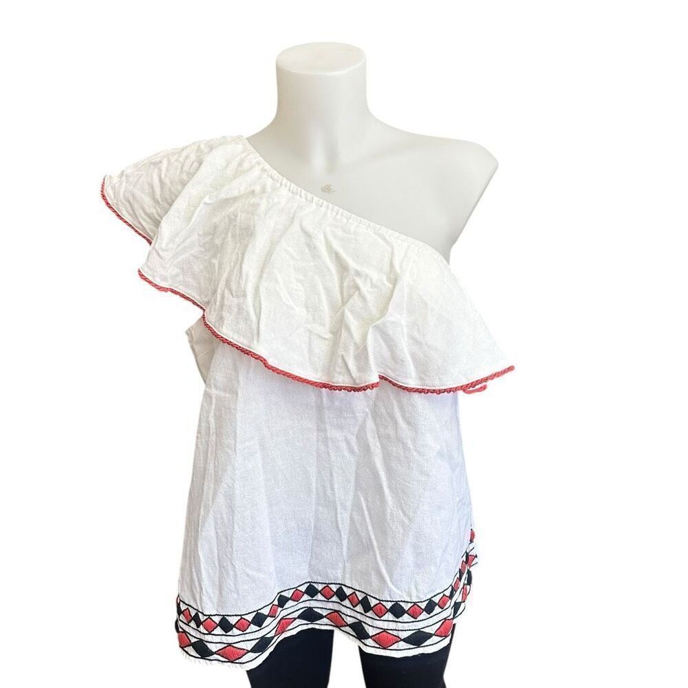 Piper by Townsen White One Shoulder Ruffled Top Size‎ Medium embroidered trim